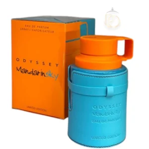 Frasco elegante del perfume armaf odyssey mandarin sky eau de parfum de 200ml sobre fondo neutro.