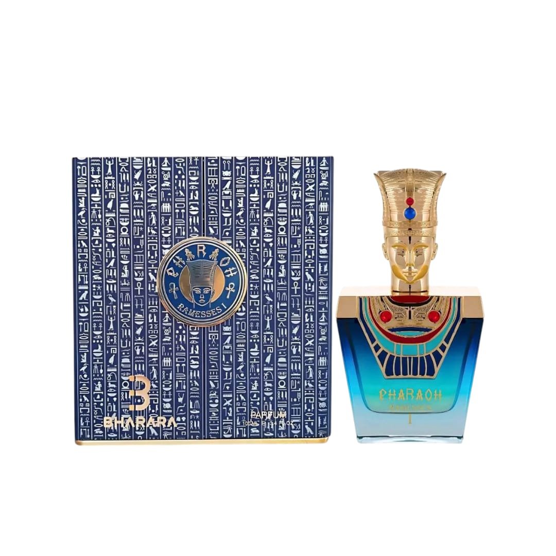 Bharara Pharaoh Rameses Seducción faraónica con cítricos, flor de azahar y oud imperial. Bharara Pharaoh Ramesses es poder en cada nota.