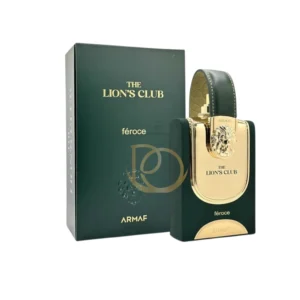 Frasco robusto con detalles dorados y el distintivo emblema del león del perfume The Lions Club Feroce.