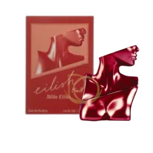 Frasco rojo intenso del perfume Eilish N° 3 Billie Eilish con forma de busto, evocando su calidez amaderada y especiada.