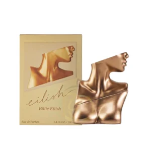 Frasco dorado mate del perfume Eilish Billie Eilish con forma de busto y cuello, en un fondo elegante.