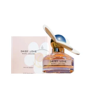 Perfume Marc Jacobs Daisy Love con tapa de margarita blanca. Floral gourmand.