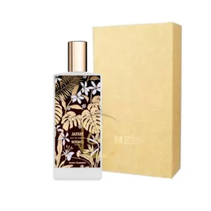 Memo Paris Jannat con un diseño blanco y dorado. Floral cítrico exótico de nicho.
