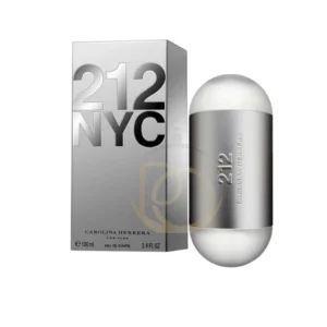 Frasco de 212 Carolina Herrera, diseño minimalista en forma de cápsula metálica y cristal.