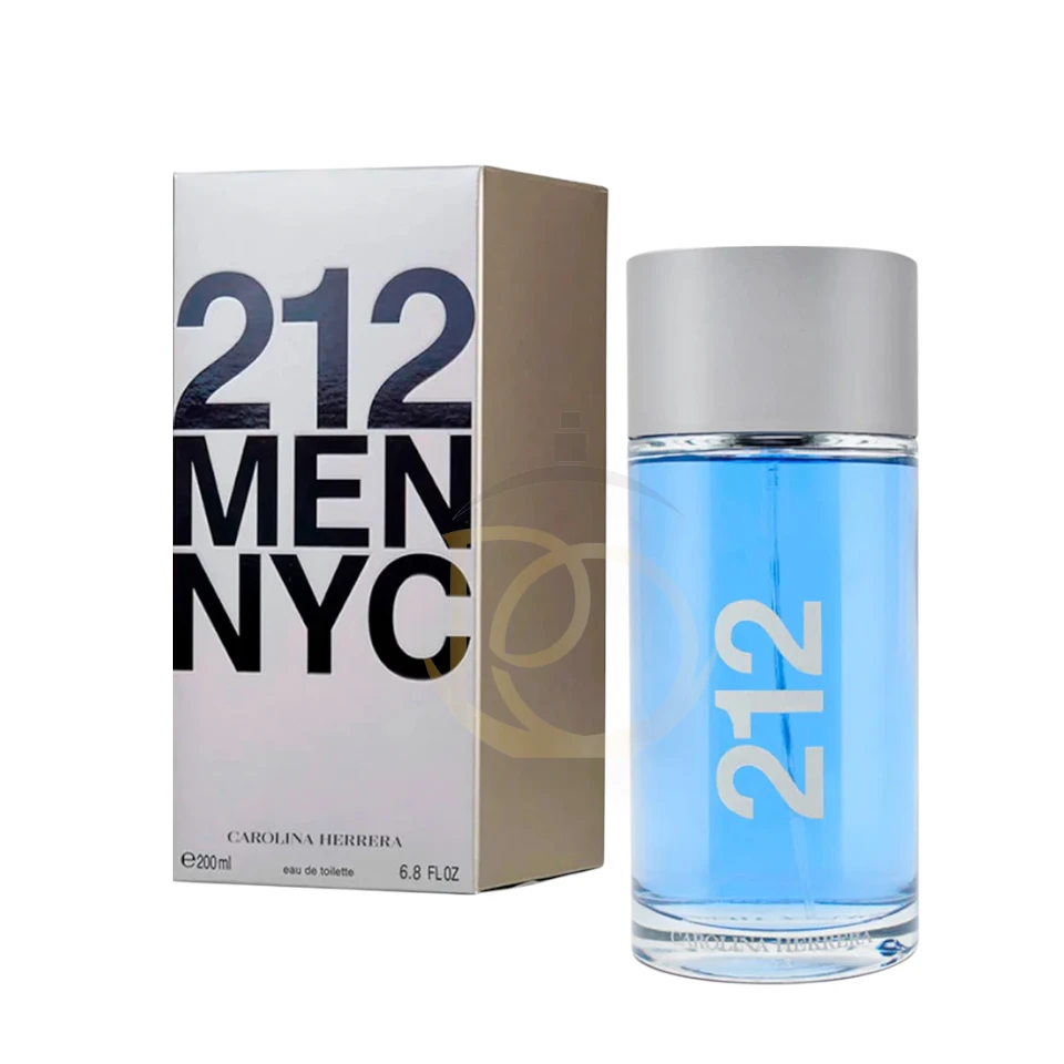 Frasco cilíndrico metálico de 212 Men Carolina Herrera, diseño minimalista y cosmopolita.