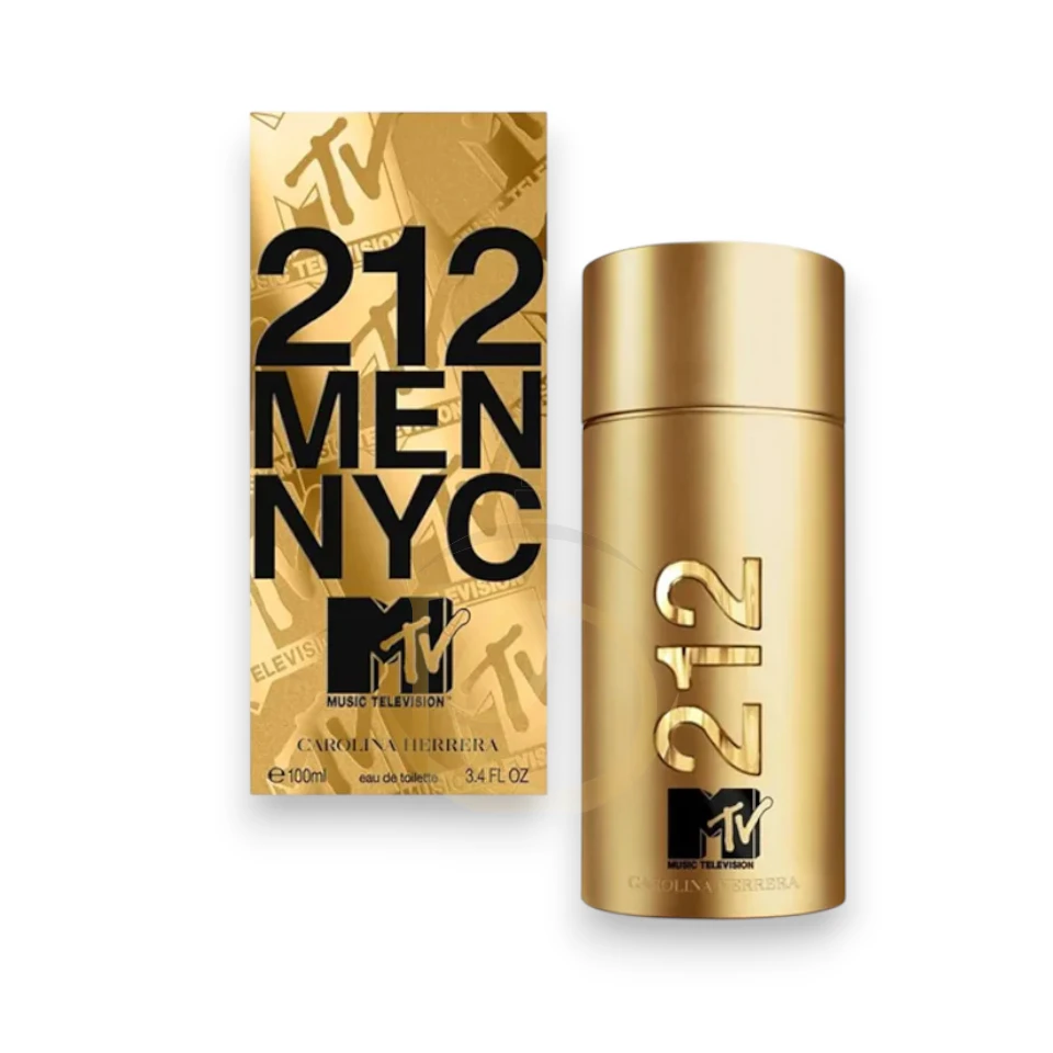 Frasco de 212 Men NYC MTV, diseño metálico dorado mate con el logotipo de MTV.