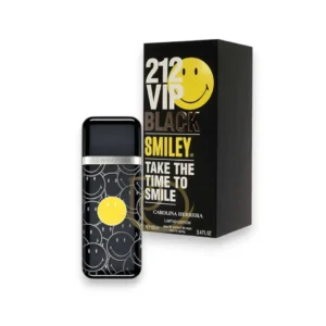Perfume 212 VIP Black Smiley de Carolina Herrera: el frasco negro con el icónico Smiley amarillo.