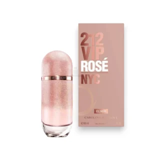 Frasco de 212 VIP Rosé Elixir de Carolina Herrera, diseño degradado rosa brillante y metalizado.