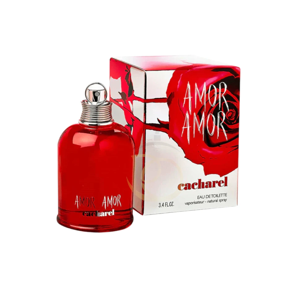 Frasco de perfume Amor Amor Cacharel de color rojo vibrante con una rosa grabada.