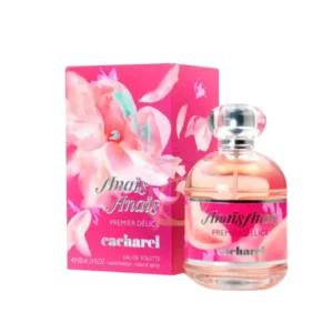 Frasco de perfume Anaïs Anaïs Premier Délice de color rosa claro y tapa blanca.