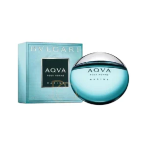Frasco de Bvlgari Aqva Marine de cristal azul aguamarina, redondo y plano, que simula una piedra de mar.