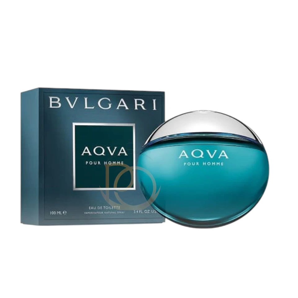 Frasco de Bvlgari Aqva Pour Homme de cristal verde azulado, redondo y plano, que simula una piedra marina.