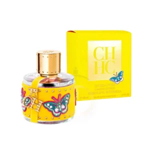 Frasco de CH Beauties Limited Edition, diseño amarillo con mariposas y flores en relieve de lujo.