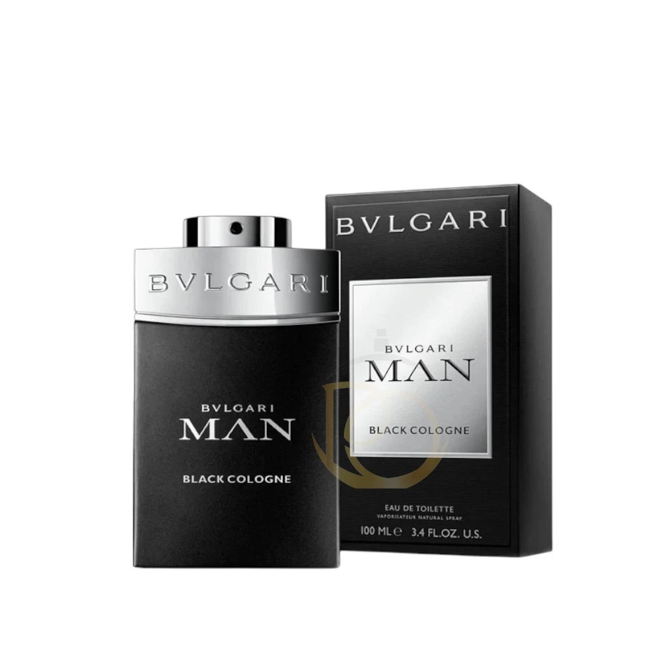 Frasco de Bvlgari Man In Black Cologne elegante y negro con reflejos ámbar y dorado, sobre fondo oscuro.