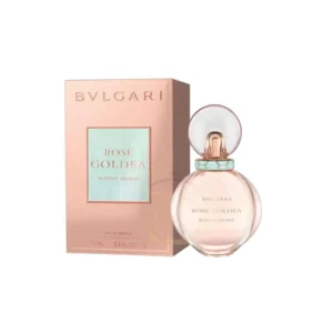 Frasco de perfume Rose Goldea Blossom Delight con líquido rosa claro y tapa circular, capturando la luz primaveral.