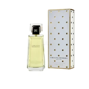 Perfume CH Carolina Herrera Clásico frasco envuelto en cuero rojo con dije dorado.