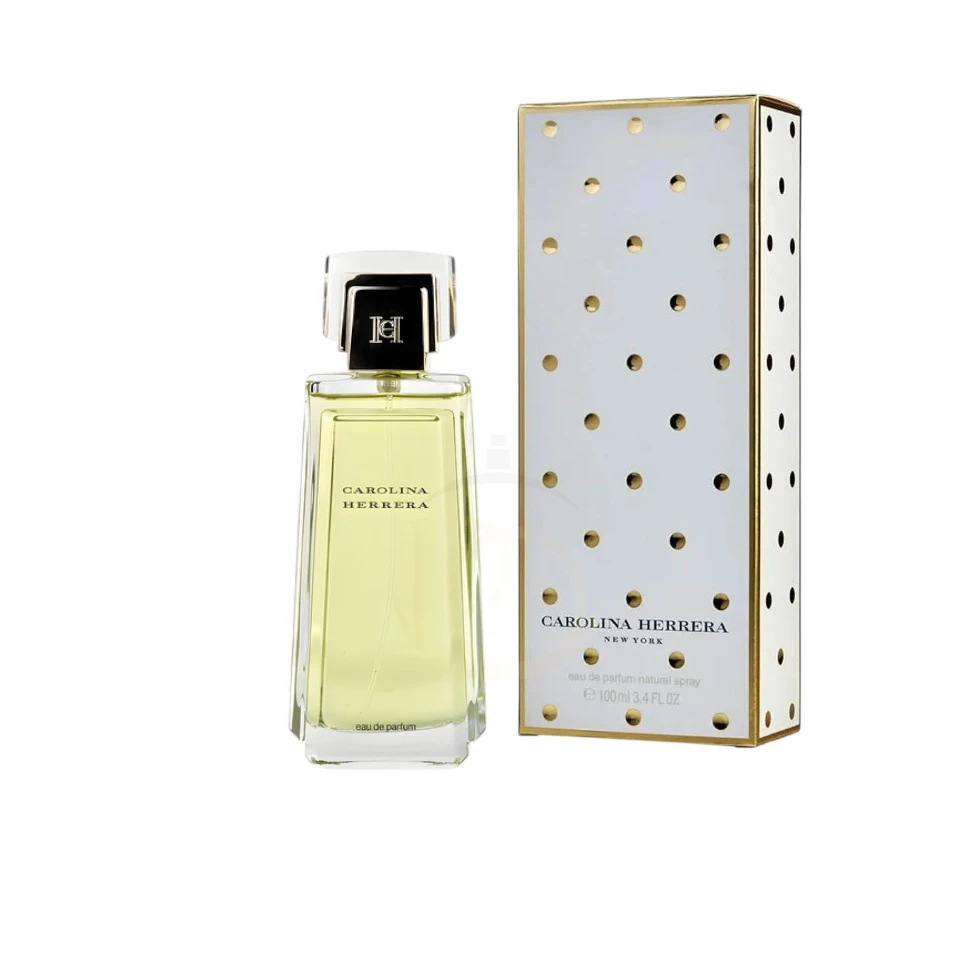 Perfume CH Carolina Herrera Clásico frasco envuelto en cuero rojo con dije dorado.