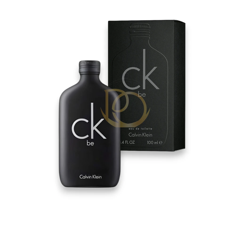 Frasco icónico negro mate del perfume CK Be de Calvin Klein con tapa plateada.