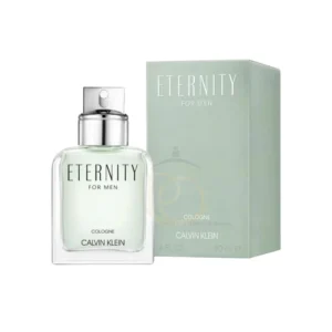 Frasco de perfume CK Eternity Cologne de vidrio transparente y líquido azul claro.
