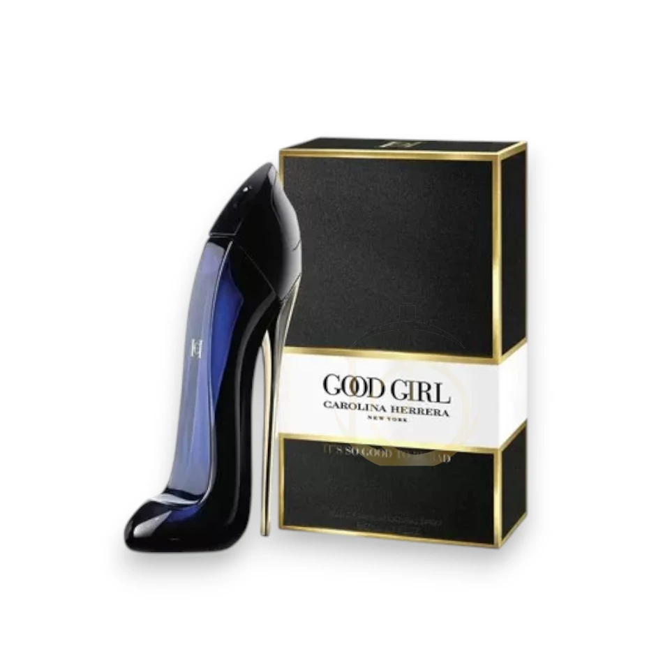 Perfume Good Girl Carolina Herrera EDP frasco icónico de tacón alto azul medianoche.