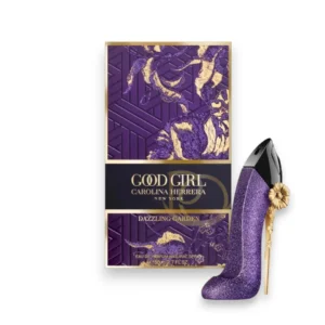 Perfume Good Girl Dazzling Garden CH frasco de tacón azul con glitter plateado.