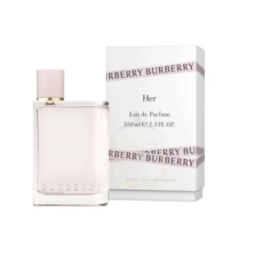 Primer plano del frasco minimalista de cristal y tapón descentrado del perfume Her Burberry Eau de Parfum.