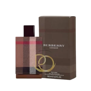 London For Men Burberry: Frasco cubierto de tela a cuadros gris. Fragancia Oriental Especiada, cálida y clásica.
