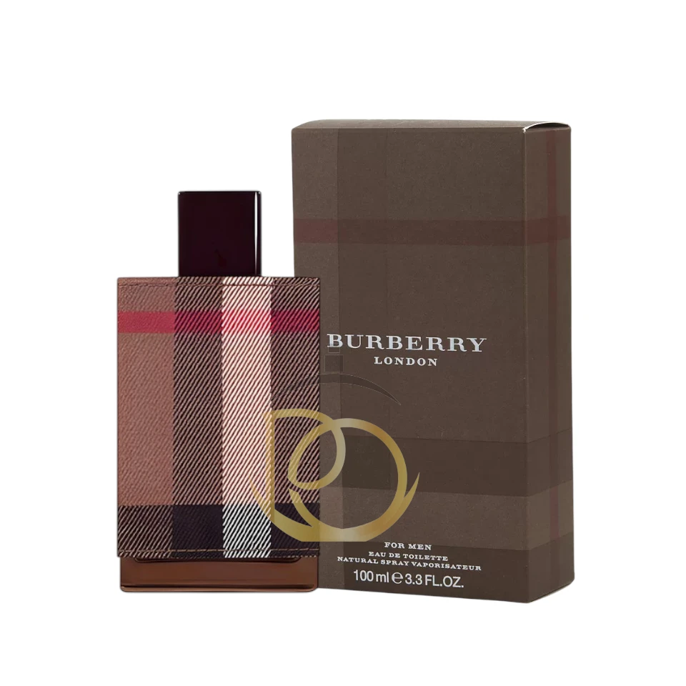 London For Men Burberry: Frasco cubierto de tela a cuadros gris. Fragancia Oriental Especiada, cálida y clásica.
