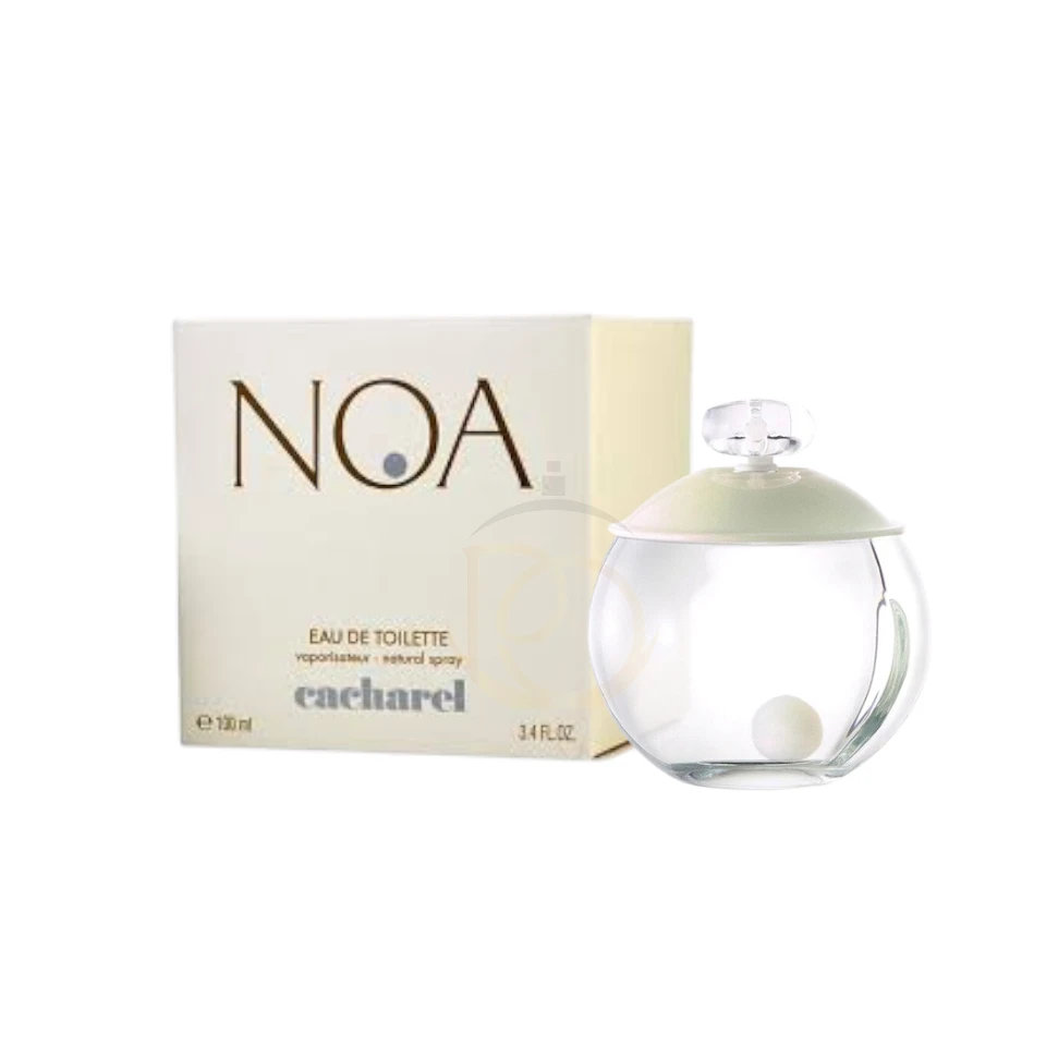 Frasco esférico de perfume Noa Cacharel con una perla en su interior y caja blanca.