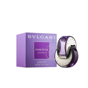 perfume Omnia Amethyste Bvlgari en forma de unión circular, con líquido de color lavanda o amatista.