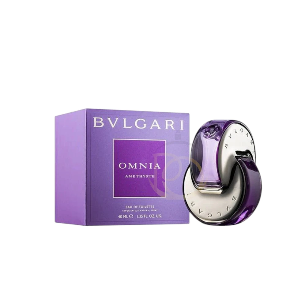 perfume Omnia Amethyste Bvlgari en forma de unión circular, con líquido de color lavanda o amatista.