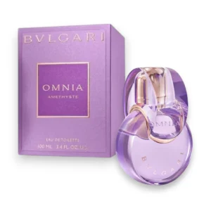 perfume Omnia Amethyste Bvlgari en forma de unión circular, con líquido de color lavanda o amatista.