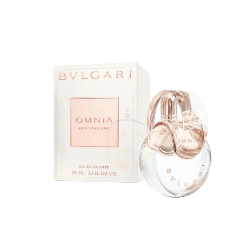 perfume Omnia Crystalline Bvlgari en forma de unión circular, con líquido transparente, simbolizando el cristal.