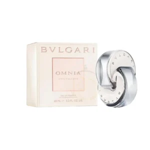 perfume Omnia Crystalline Bvlgari en forma de unión circular, con líquido transparente, simbolizando el cristal.