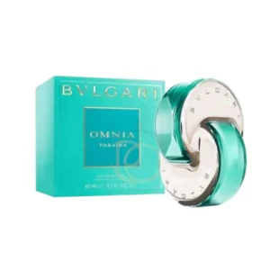 perfume Omnia Paraiba Bvlgari en forma de unión circular, con líquido azul turquesa vibrante, inspirado en la joya.