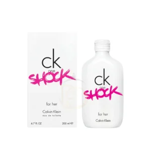 Frasco de perfume CK One Shock For Her de color blanco con detalle de graffitti rosa.