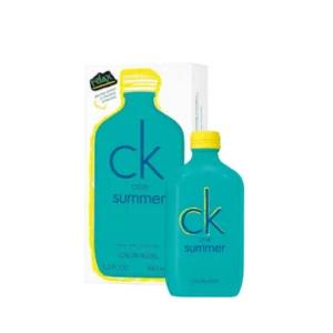 Frasco de perfume CK One Summer Relax con diseño veraniego y degradado de color.