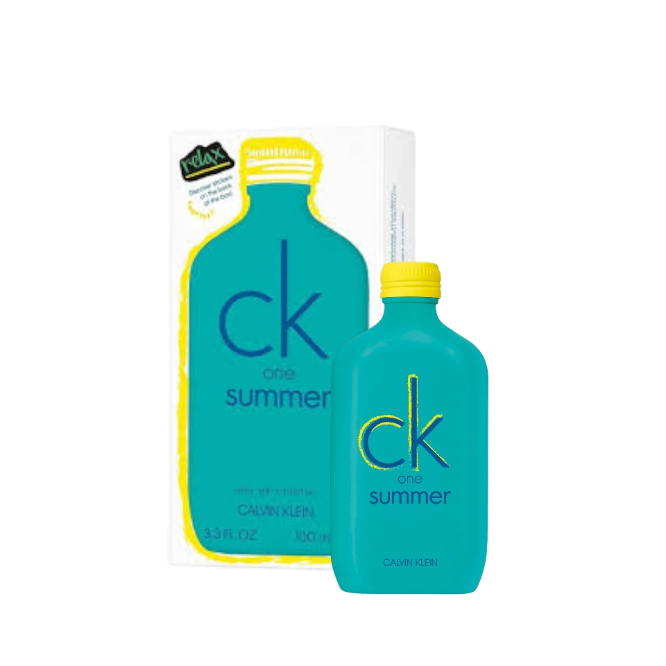 Frasco de perfume CK One Summer Relax con diseño veraniego y degradado de color.