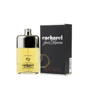 Frasco de perfume Cacharel Pour L'Homme, de diseño rectangular y tapa negra.