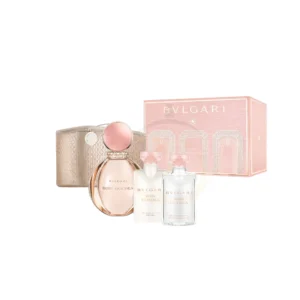 Estuche Rose Goldea Bvlgari, mostrando la botella dorada del EDP y la loción corporal.