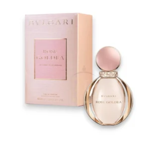 perfume Rose Goldea Bvlgari en tonos dorados y rosados, mostrando la tapa circular inspirada en un reloj.