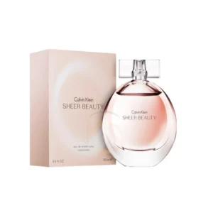 Frasco de perfume Sheer Beauty Calvin Klein con líquido rosa pálido.