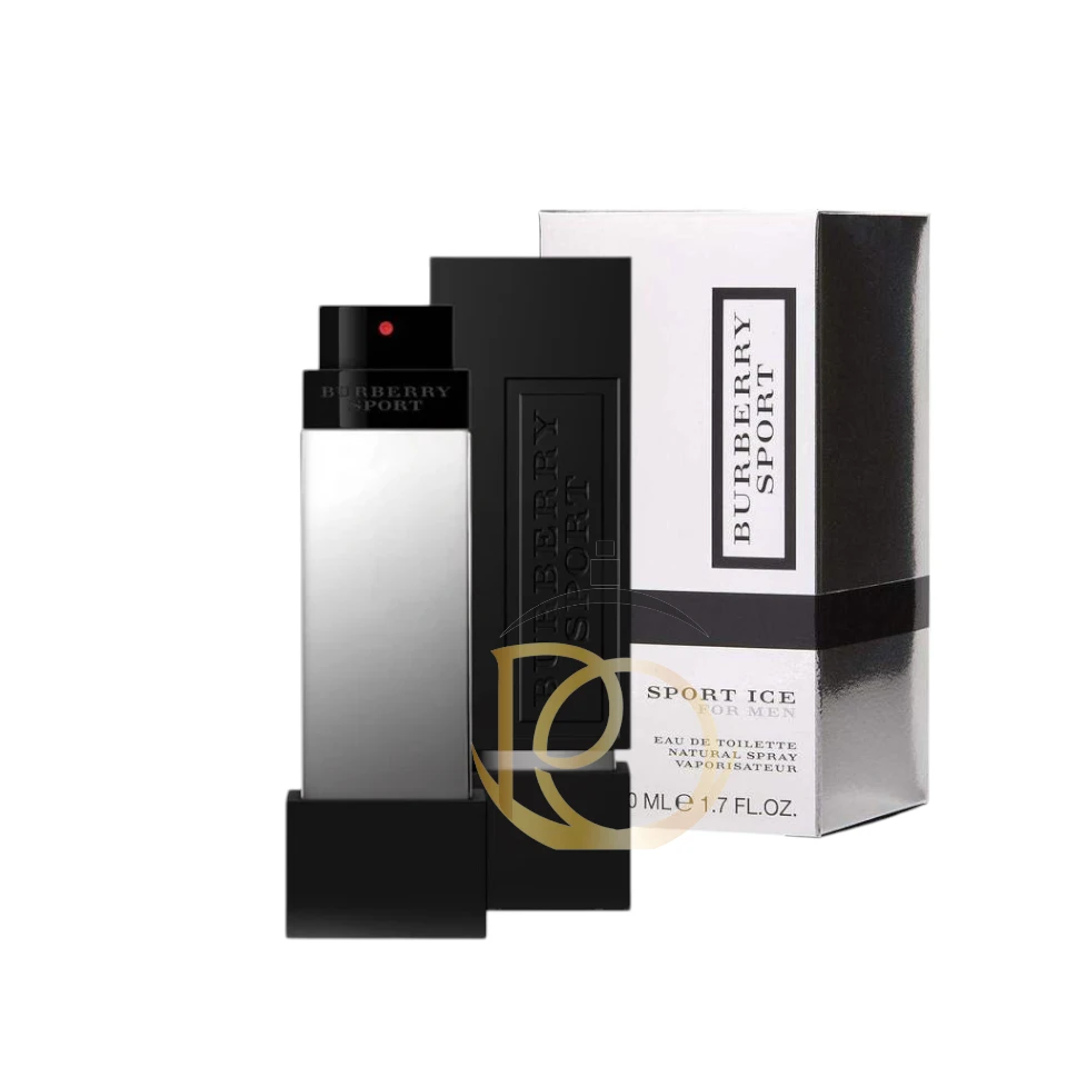 Sport Ice For Men Burberry: Frasco rectangular blanco con detalles azules. Fragancia Aromática Acuática, fresca y deportiva.