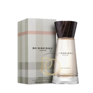 Touch For Women Burberry: Frasco de vidrio cilíndrico con tapa de madera. Fragancia Floral Verde, elegante y suave.