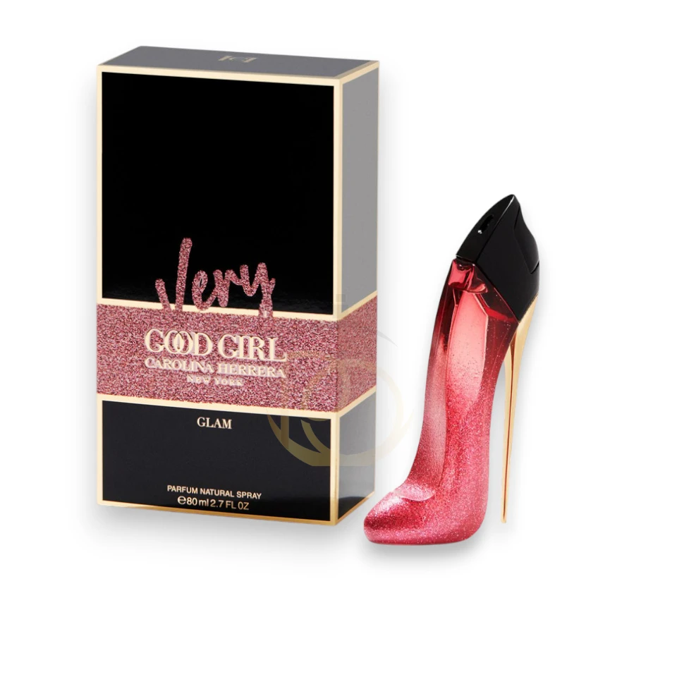 Perfume Very Good Girl Glam Parfum frasco en forma de tacón alto rosa con purpurina.