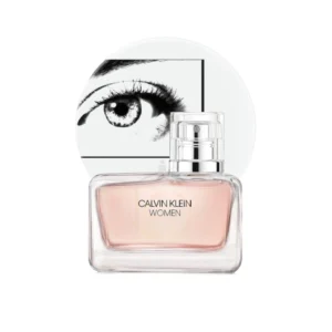 Frasco de perfume Women Calvin Klein con líquido rosa y tapa circular de gran tamaño.