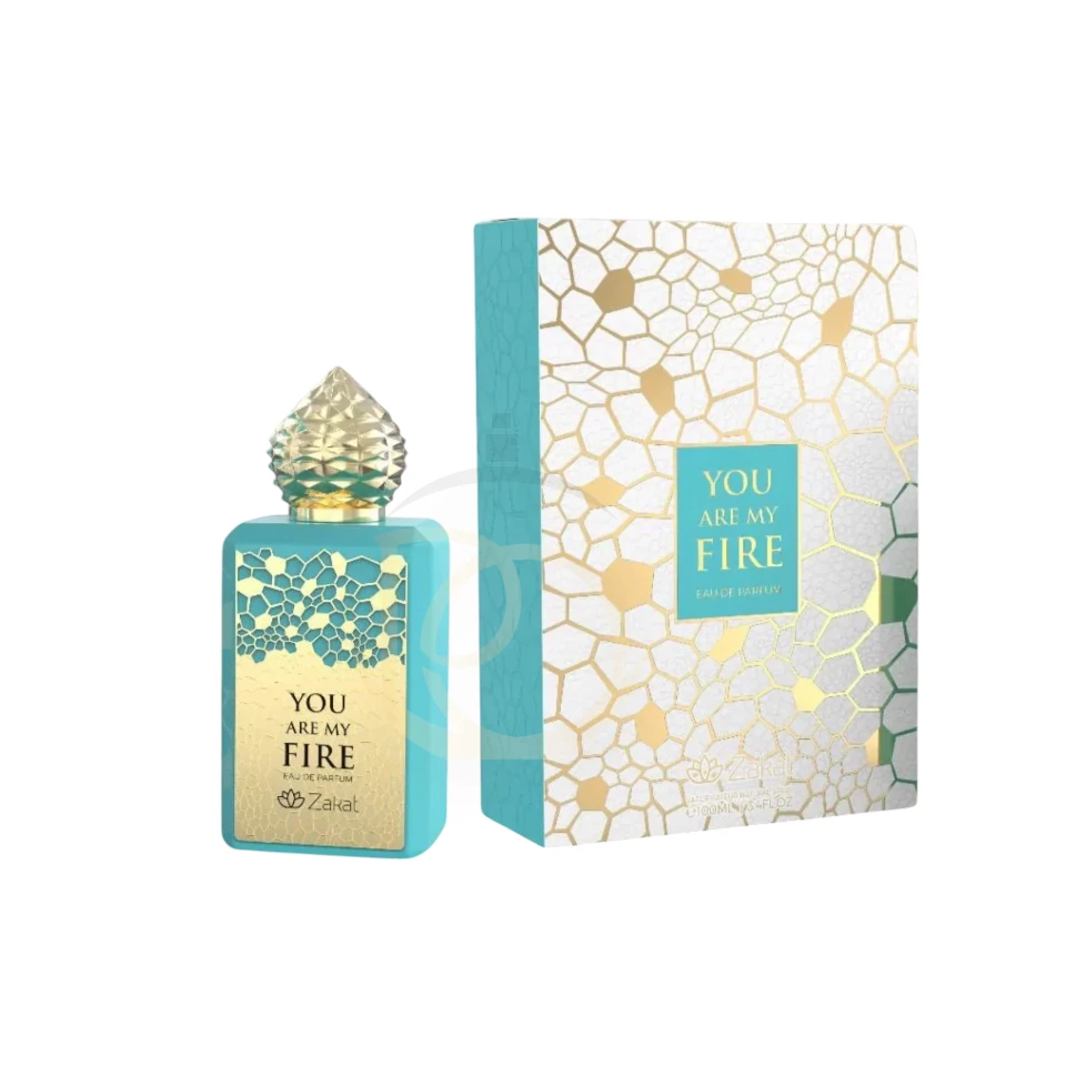 Frasco de perfume Zakat You Are My Fire, diseño elegante y lujoso que refleja pasión y exclusividad.