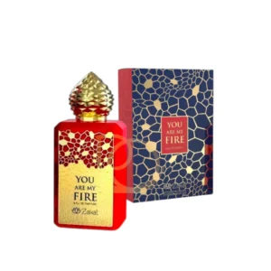 Elegante frasco de You Are My Fire Rouge Zakat en color rojo intenso, símbolo de lujo y seducción.