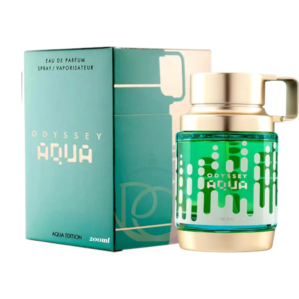 Perfume Odyssey Aqua de Armaf, frasco con diseño de cantimplora en azul degradado, estilo marino y fresco.
