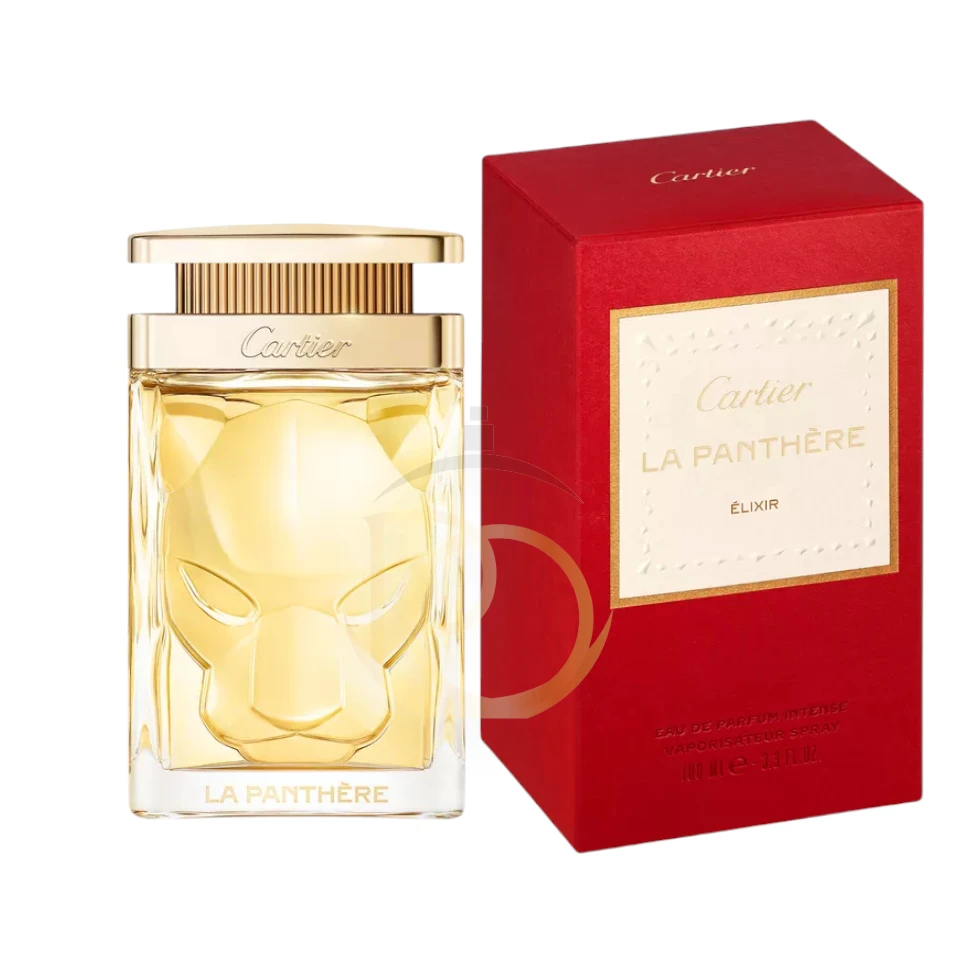 Frasco de perfume Cartier La Panthère Elixir Intense con relieve de pantera y esencia dorada de lujo.